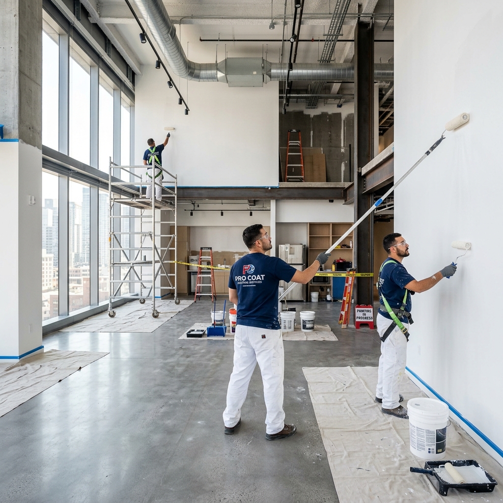 Professional commercial painting crew working in modern office space