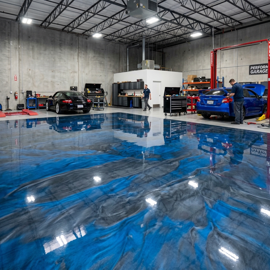 High-gloss metallic epoxy floor coating in commercial garage