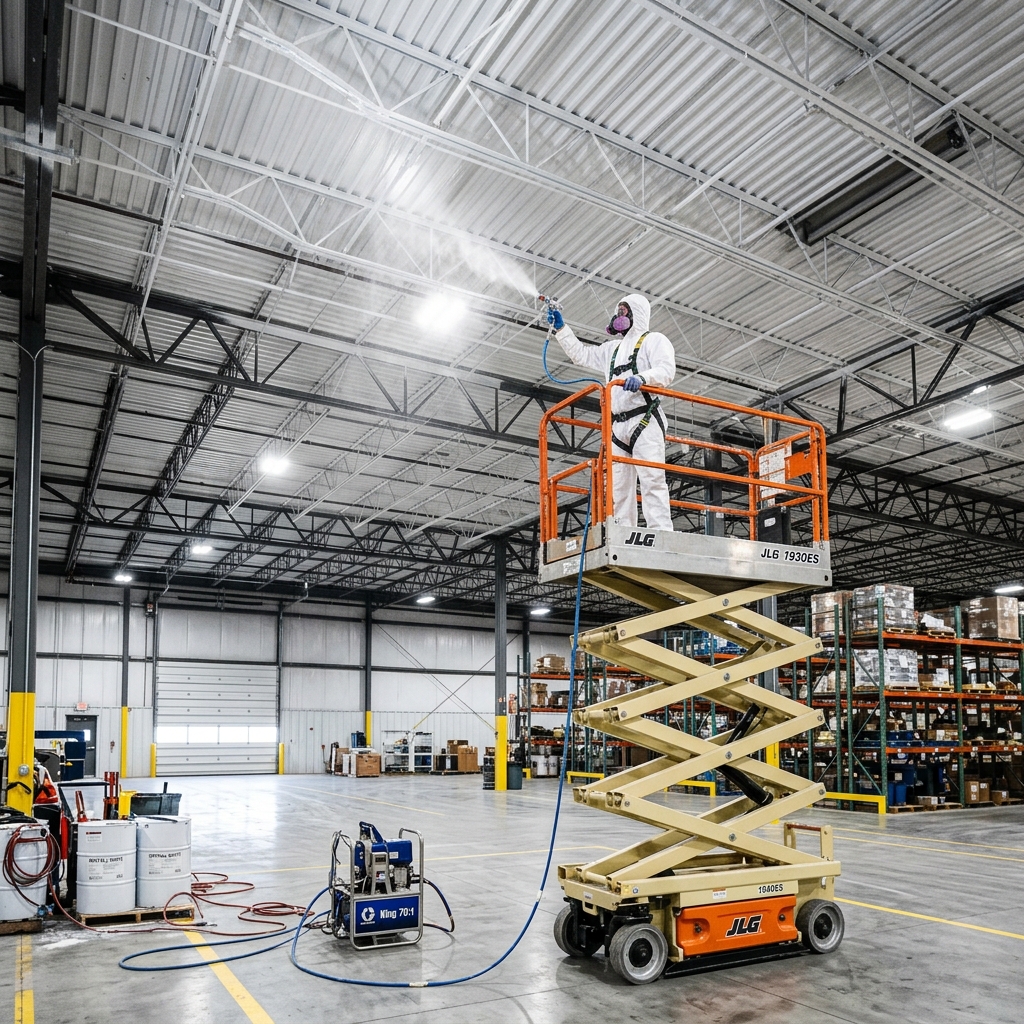 Industrial spray painting in large warehouse facility
